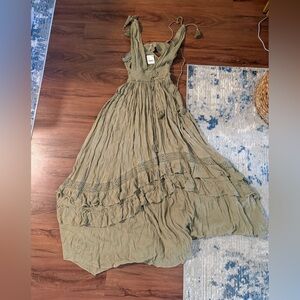 Free People Olive Green Ruffled Maxi Dress Medium NWT